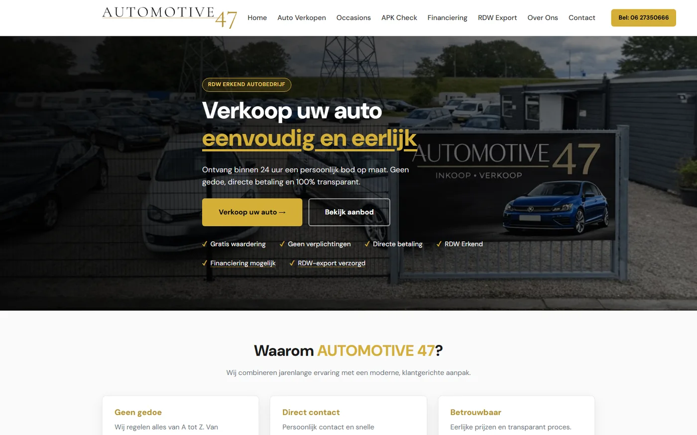 De homepage van Automotive47: een donkere hero over het verkopen van je auto, met het bedrijfsbord op de achtergrond