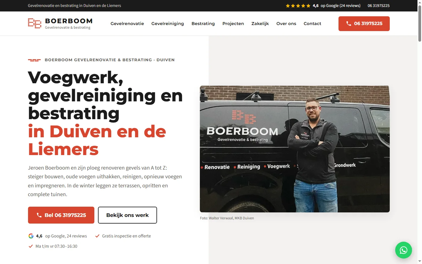 De homepage van Boerboom Gevelrenovatie & Bestrating: de kop "Voegwerk, gevelreiniging en bestrating in Duiven en de Liemers" naast een foto van Jeroen Boerboom voor zijn zwarte bedrijfsbus