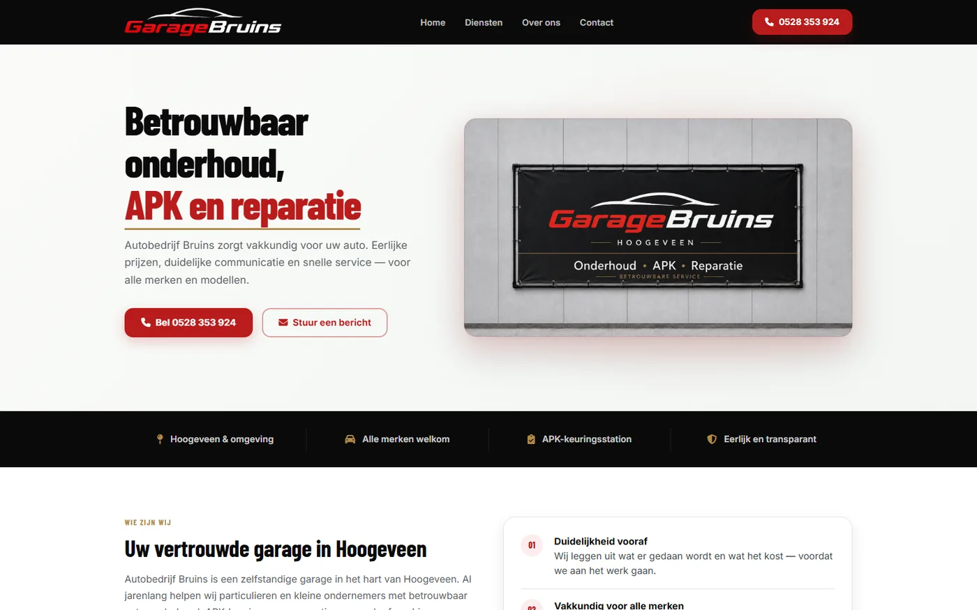 De homepage van Autobedrijf Bruins met het bedrijfsbord en twee contactknoppen