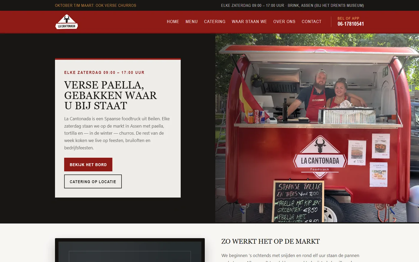 De homepage van La Cantonada met een foto van de foodtruck en de eigenaren erin