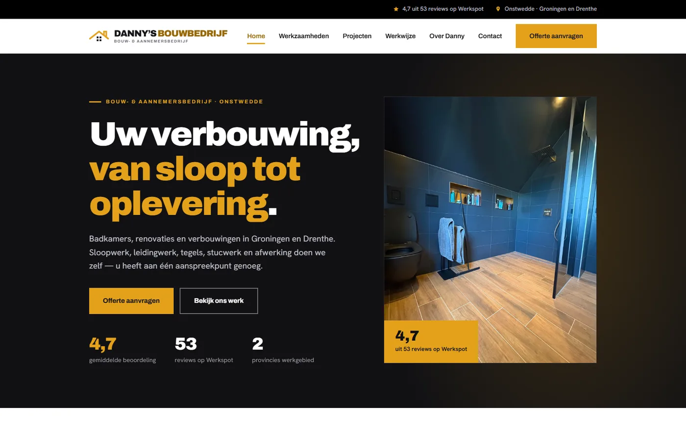 De homepage van Danny's Bouwbedrijf: donkere hero met geel als signaalkleur en een verbouwde badkamer