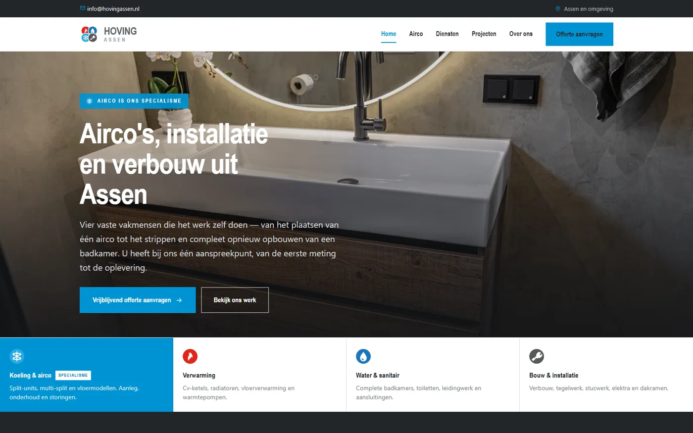 De homepage van Hoving Assen met een foto van een verbouwde badkamer
