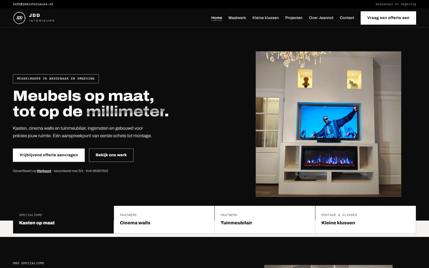 De homepage van JDD Interieurs met een foto van een cinema wall op maat