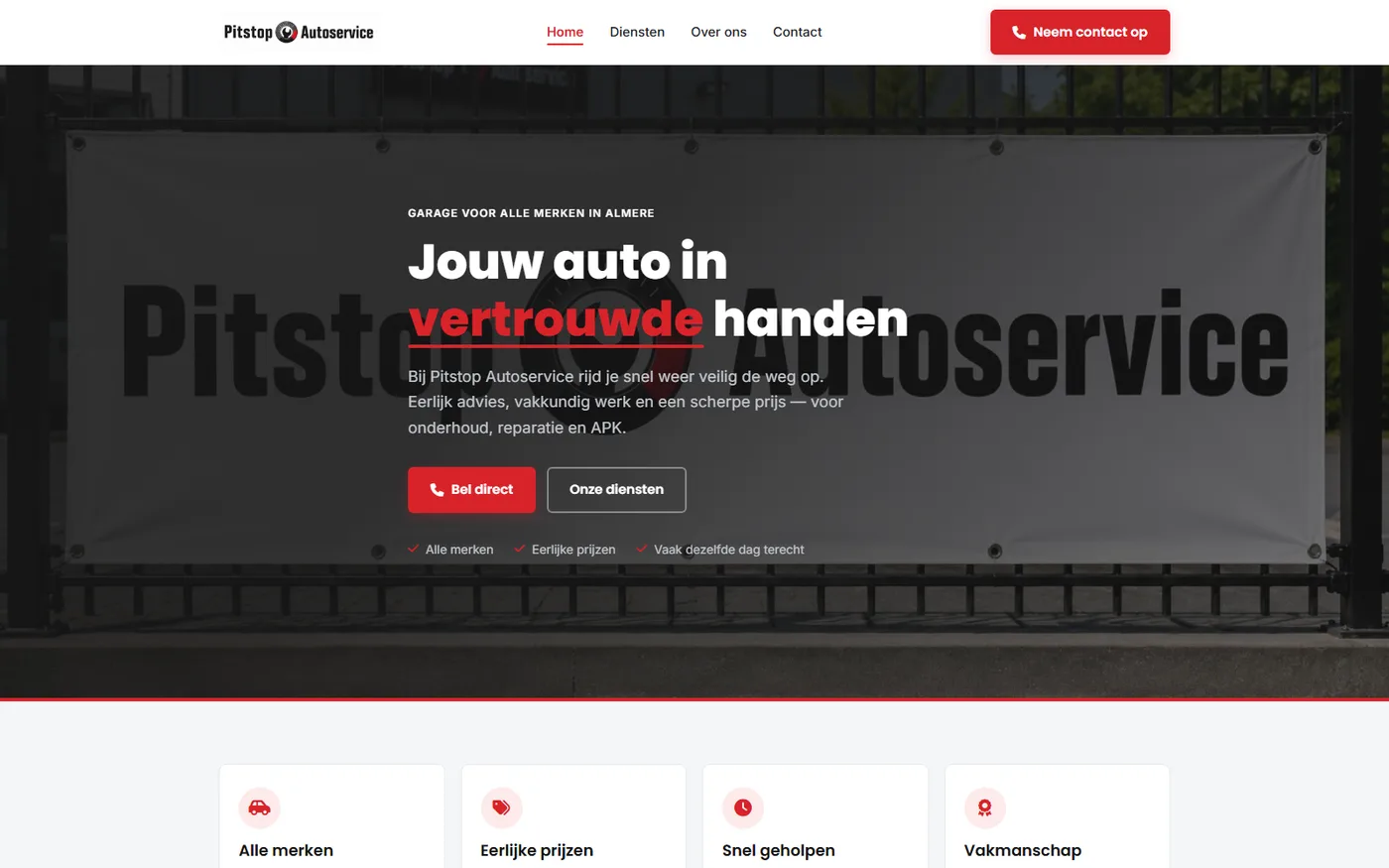 De homepage van Pitstop Autoservice: een donkere hero met een spandoek van de garage